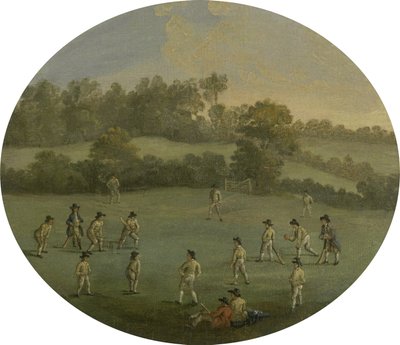 Ein Cricketspiel (Der Royal Academy Club in Marylebone Fields, jetzt Regents Park) nach einem Gemälde von Francis Hayman (1708-76) von English School